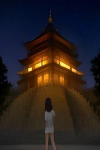 日本动漫剧场版封面，少女站在城市高楼顶端俯瞰夜景，赛博朋克霓虹色调